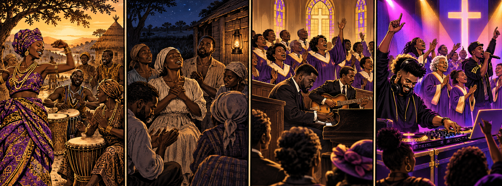 Four-panel illustrated journey from African community music and enslaved Black spiritual worship to early Gospel church music and a modern Gospel DJ with a multigenerational choir